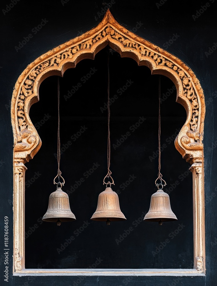 Obraz premium Ornate archway, three bells hanging, dark background, Asian temple, spiritual
