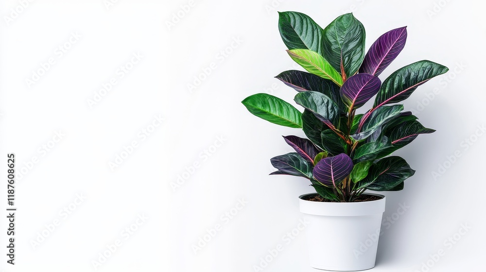Vibrant rubber plant with multicolored leaves growing in a white pot Vibrant rubber plant with multicolored leaves growing in a white pot