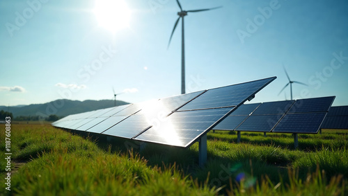 Sunlight powers solar panels and wind turbines in a grassy field. Suitable for clean energy, sustainability, renewable resources, green technology. photo