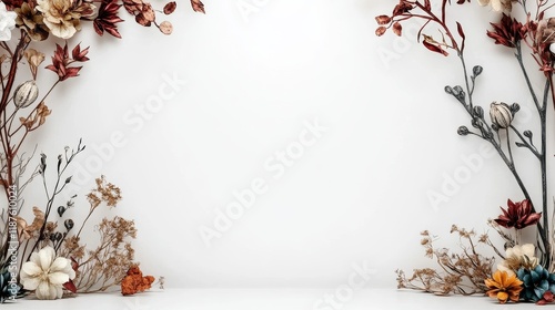 Fototapeta Naklejka Na Ścianę i Meble -  Elegant autumn floral border frame with dried leaves and flowers on white background