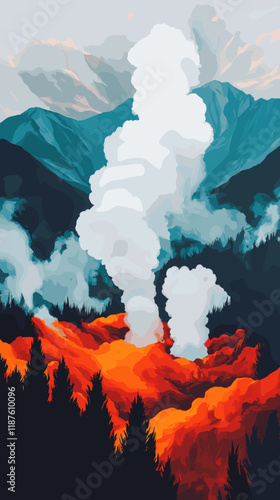 Stunning Volcanic Eruption with Smoke against Majestic Mountain Backdrop in a Tranquil Forest Setting at Sunrise Captivates Adventure and Nature Lovers Alike