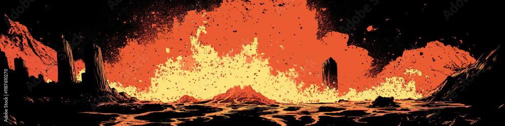 Obraz premium Fiery Volcanic Eruption Landscape with Lava and Ashes at Sunset - Captivating Nature's Fury in Scorching Red and Black Hues Illuminating the Dramatic Horizon