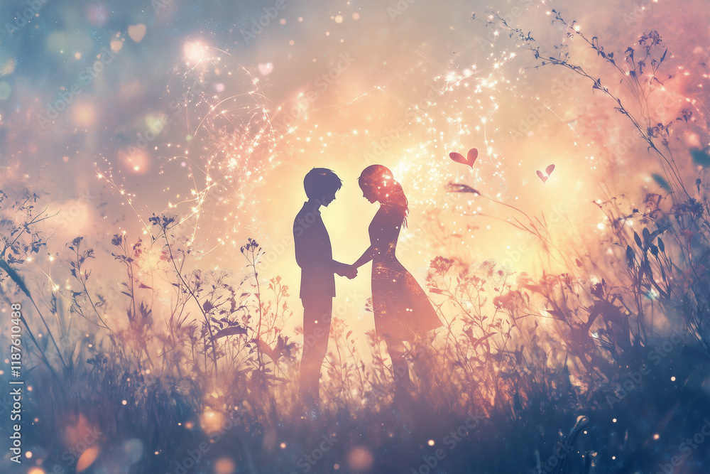 Fototapeta premium Fabulously magical children's love. A girl and a boy holding hands together. 