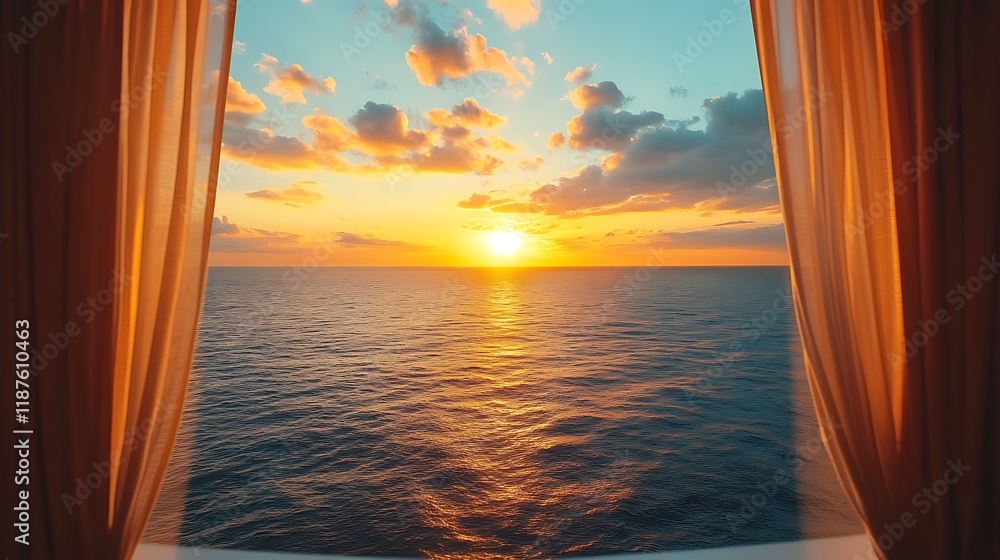 Sunset over ocean view from curtain draped window seaside landscape photography Sunset over ocean view from curtain draped window seaside landscape photography