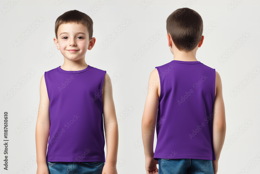 boy wearing a purple sleeveless t-shirt tank top mockup front and back used as a design template boy wearing a purple sleeveless t-shirt tank top mockup front and back used as a design template