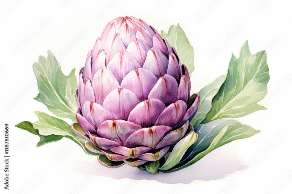 Obraz premium Beautifully detailed artichoke resting on green leaves, showcasing its vibrant purple hues and intricate textures in a captivating composition