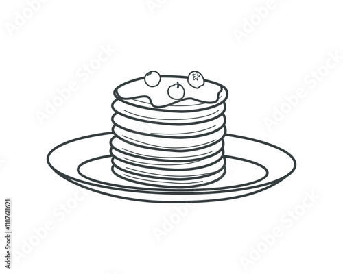 Pancakes with blueberry black and white vector illustration