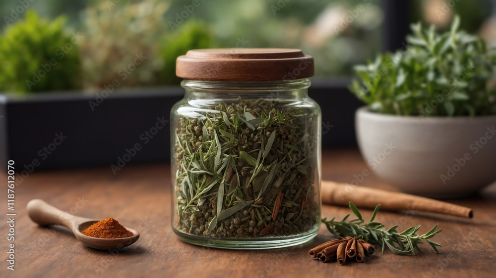 Dried herbs and spices in a glass jar, cinnamon sticks, and a wooden spoon with spice powder. Dried herbs and spices in a glass jar, cinnamon sticks, and a wooden spoon with spice powder.