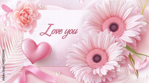 A card for Valentine's Day featuring a pink flower bouquet and a heartfelt 'I love you' message.