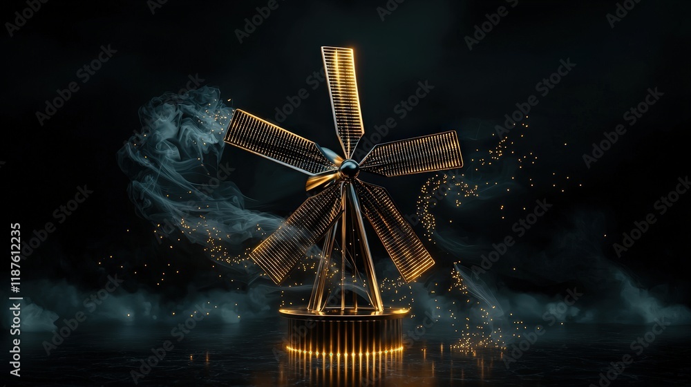 Obraz premium A luminous windmill stands against a dark backdrop, with sparkling elements and swirling mist, creating a captivating and magical atmosphere.