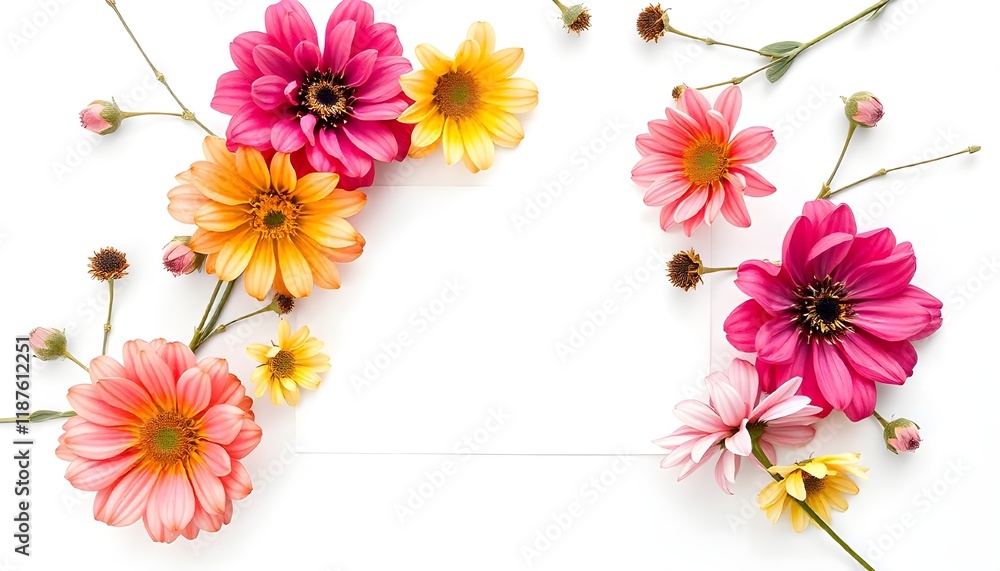 Obraz premium A vertical top view of a blank card surrounded by abstract organic blooming flowers on a white background, ideal for an invitation card design