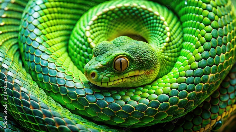 Obraz premium Green Snake Coiled, Fashion Photography, Vibrant Scales, Circular, Elegant