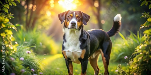 Alert Appenzeller Sennenhund Dog in Lush Garden - Stock Photo photo