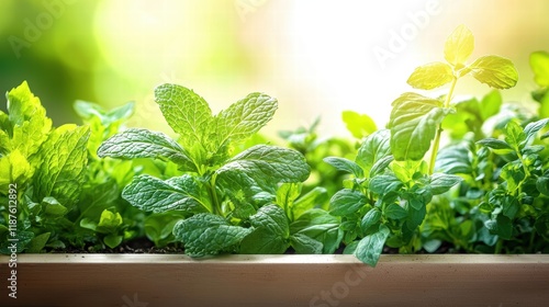 A close-up of fresh herbs like mint, parsley, and oregano growing in a raised garden bed, with soft sunlight highlighting the leaves. photo