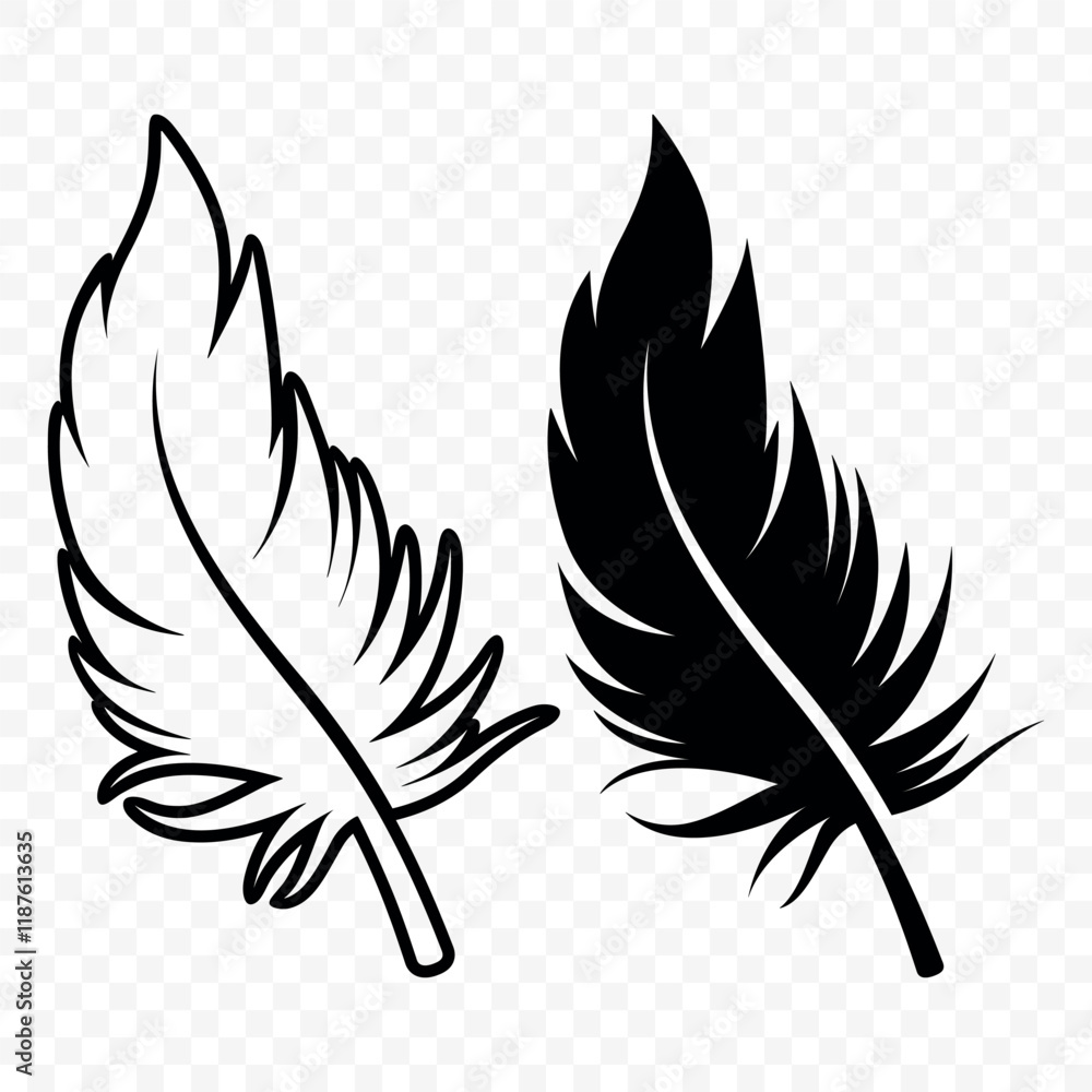 Obraz premium Vector Black and White Fluffy Feather Logo Icons. Silhouette Feather Set Closeup Isolated. Design Template of Flamingo, Angel, Bird Feather. Lightness and Freedom Concept