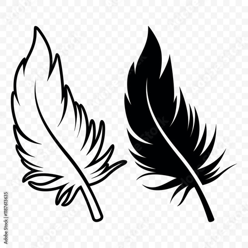 Vector Black and White Fluffy Feather Logo Icons. Silhouette Feather Set Closeup Isolated. Design Template of Flamingo, Angel, Bird Feather. Lightness and Freedom Concept