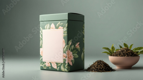 Elegant floral tea box packaging mockup with loose leaf tea.  Perfect for branding and design inspiration.