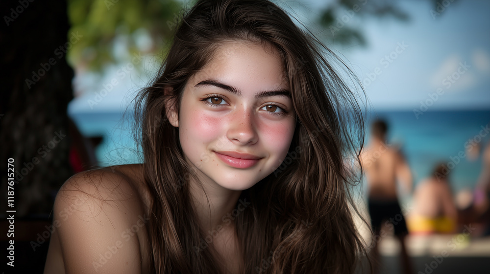 Fototapeta premium Serene young woman enjoying Thailand beach resort. 