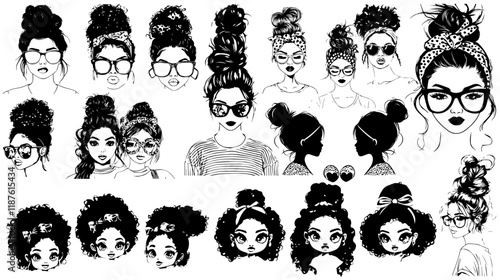 Messy bun hairstyle great set collection clip art silhouette, momlife black messy bun hair vector illustration on white background V3.