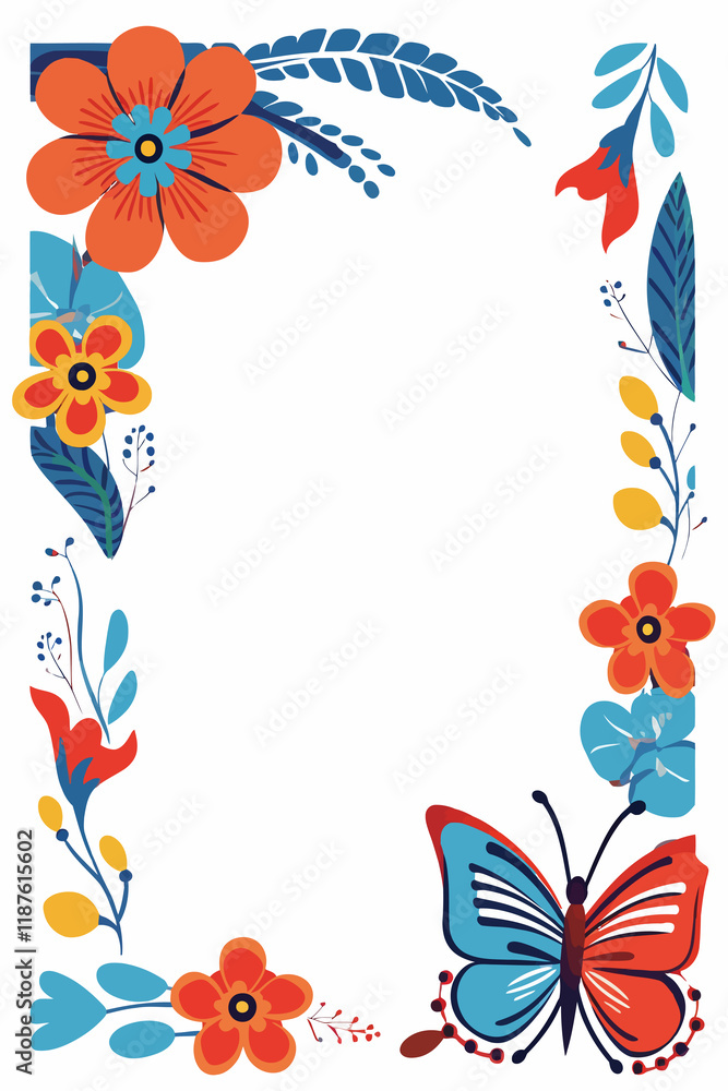 Fototapeta premium Flower Border with Blue Butterfly and Copy Space