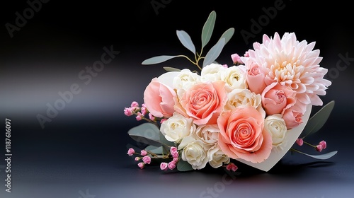 A heart-shaped arrangement of fresh flowers, featuring roses and carnations, perfect for Valentine's Day.