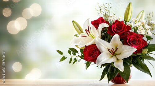 A lush arrangement of red roses and white lilies designed for Valentine's Day gifting
