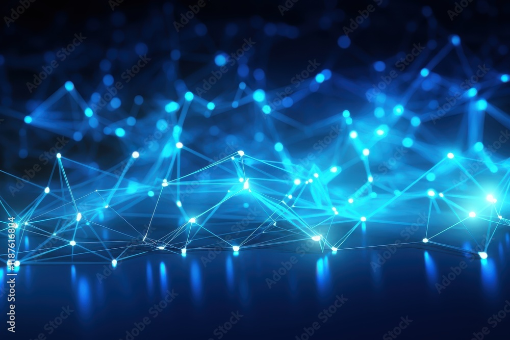 Digital network with glowing blue lines and nodes representing connectivity in a virtual environment Digital network with glowing blue lines and nodes representing connectivity in a virtual environment