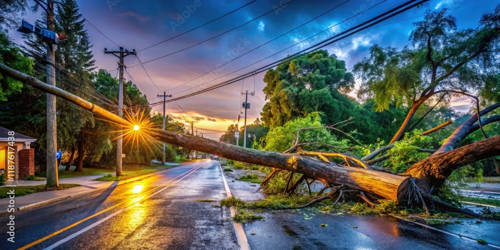 Naklejka premium Hurricane Aftermath: Damaged Tree, Power Lines, and Road