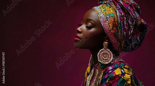 Smiling brightly, a young adult African woman wears traditional attire, complete with a colorful headwrap and jewelry photo