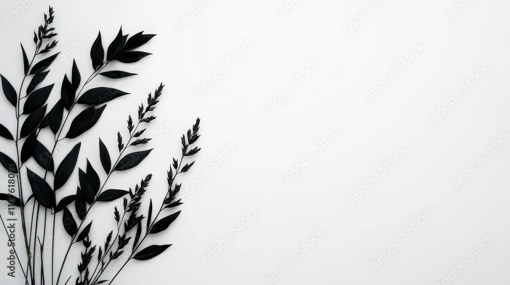 Obraz premium Minimalist black silhouette of botanical leaves on white background