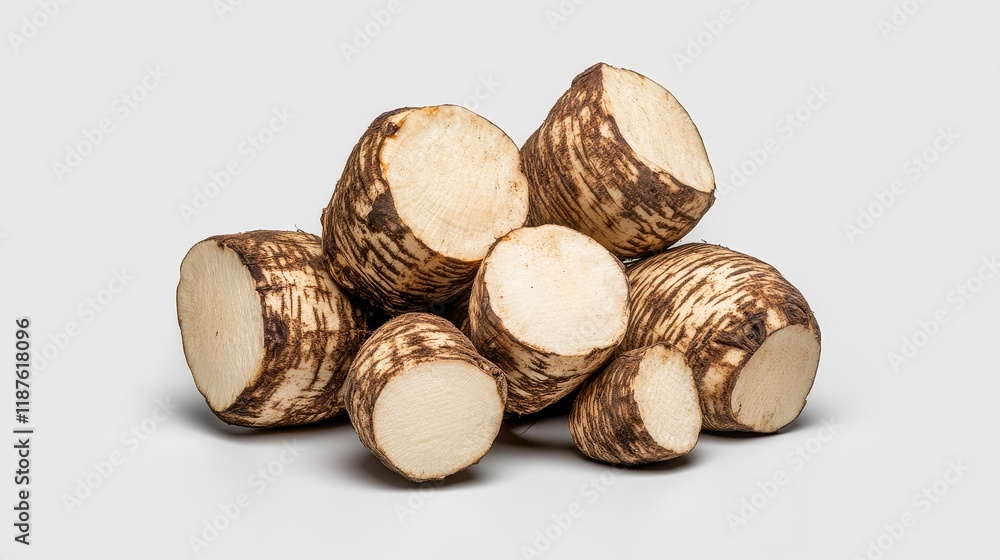 Fresh raw taro roots piled on white background Fresh raw taro roots piled on white background