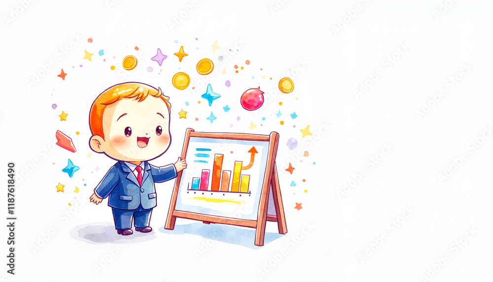 Happy child presenting growth chart illustration with colorful elements Happy child presenting growth chart illustration with colorful elements