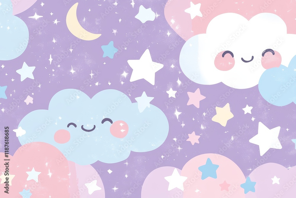 Whimsical cartoon clouds and stars in pastel sky with smiling faces Whimsical cartoon clouds and stars in pastel sky with smiling faces