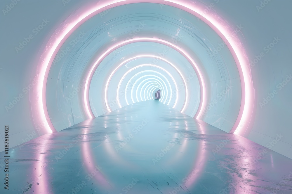 Naklejka premium Digital Rendering of a Futuristic Tunnel with Concentric Neon Lighting