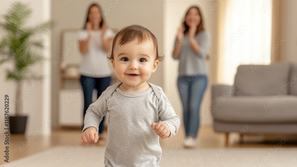 Child's First Step, toddler taking first steps in sunlit living room, joyful moment Child's First Step, toddler taking first steps in sunlit living room, joyful moment
