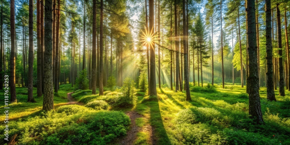 Fototapeta premium Summer Forest Beauty in Finland - Lush Greenery, Sunlight Dappled Leaves, Serene Nature Landscape, Vibrant Flora, Tranquil Scenery, Outdoor Exploration, Natural Wonders, Finnish Wilderness