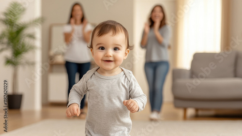 Child's First Step, toddler taking first steps in sunlit living room, joyful moment