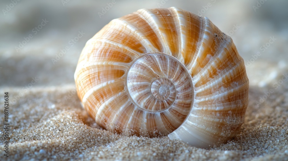 Closeup of spiraled seashell on sandy beach Closeup of spiraled seashell on sandy beach