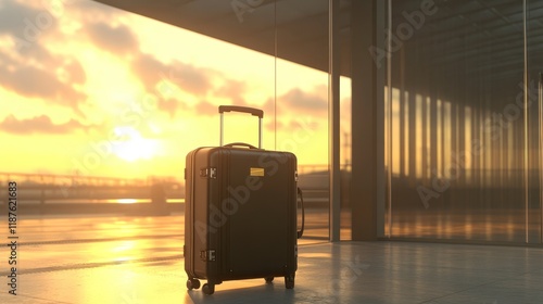 Sleek black suitcase in airport terminal at sunrise photo