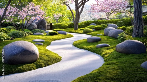 A zen Japanese garden with a mix of mossy rocks, flowering cherry blossoms, and a quiet, shaded pathway. photo