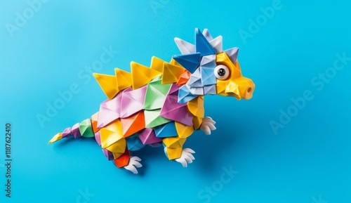 Colorful origami dinosaur figurine on blue background photo