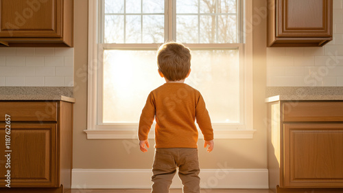 Child's First Step, child gazes out window in warm, cozy kitchen, enjoying sunlight photo