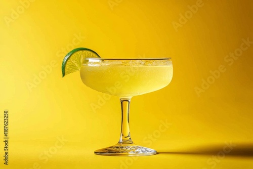 Refreshing lime margarita cocktail on vibrant yellow background photo