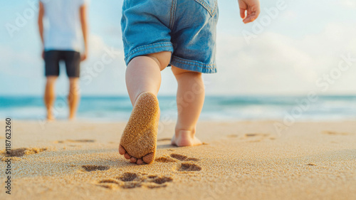 Child's First Step, Tiny footprints on beach, child walking towards ocean waves photo