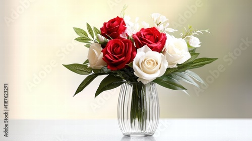 Romantic Valentine's Day flower arrangement featuring a combination of red and white roses in a glass vase