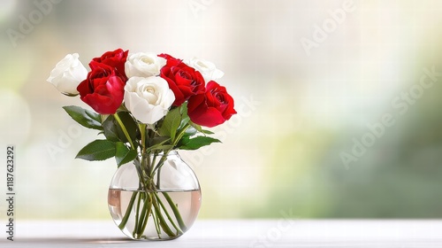 Romantic Valentine's Day flower arrangement featuring a combination of red and white roses in a glass vase