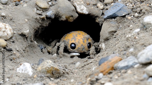 Cute insect emerging from burrow in dirt. photo