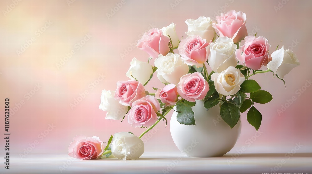 Soft pink and white roses arranged in a delicate vase for a Valentine's Day display Soft pink and white roses arranged in a delicate vase for a Valentine's Day display