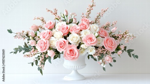 Soft pink and white roses arranged in a delicate vase for a Valentine's Day display