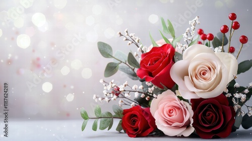 Valentine's Day floral arrangement featuring red and pink roses with greenery and delicate accents